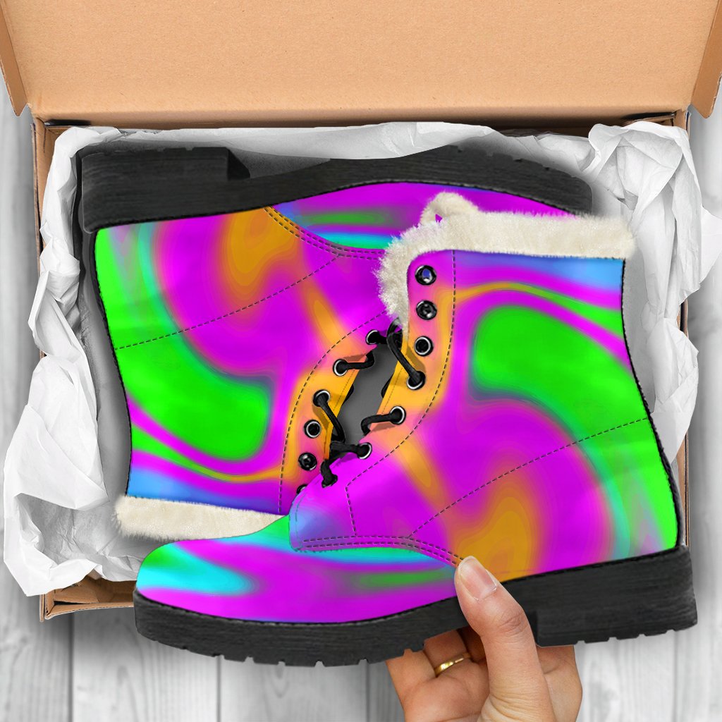 Hippie Chic: Holographic Neon Trippy Print Faux Fur Leather Boots - 5