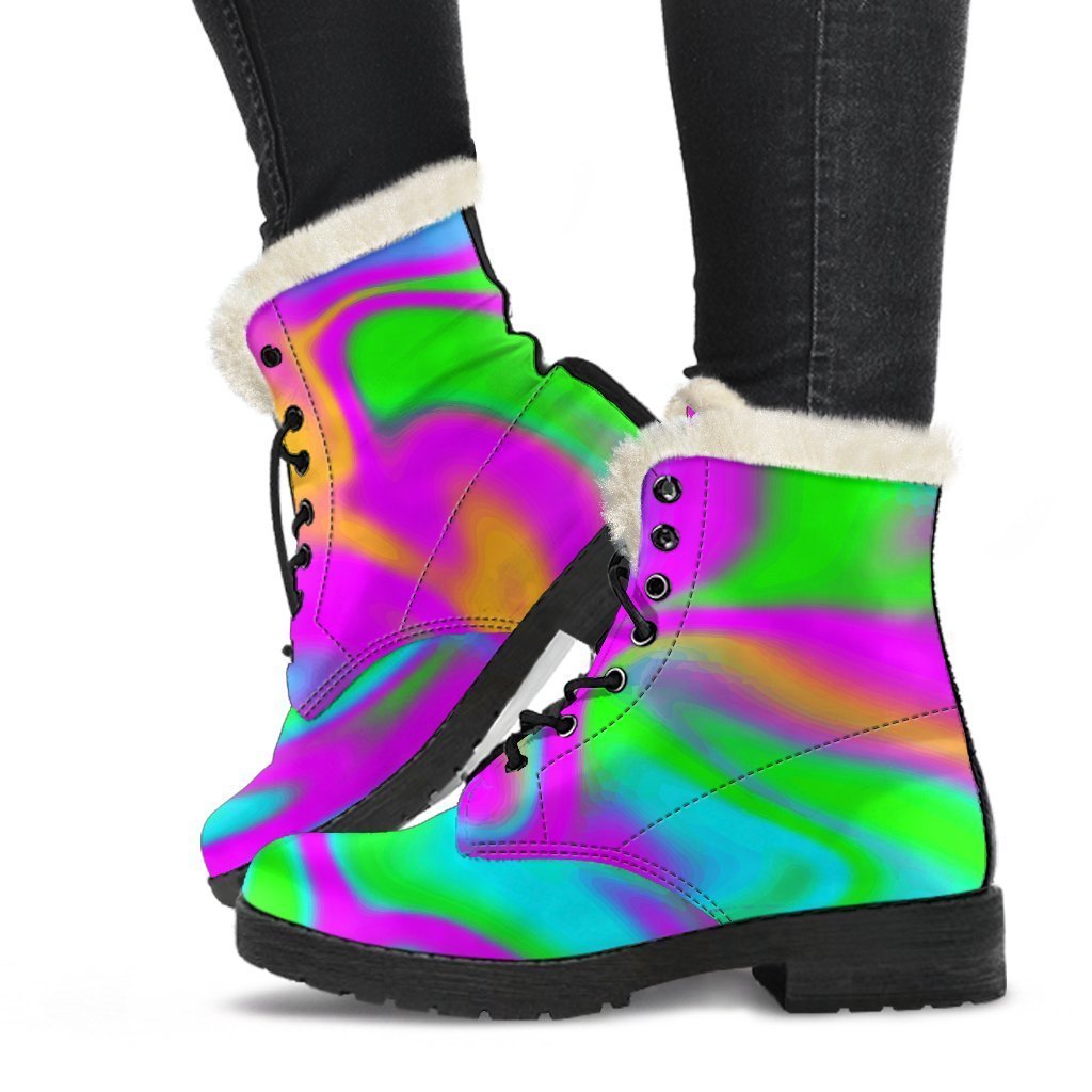 Hippie Chic: Holographic Neon Trippy Print Faux Fur Leather Boots - 1