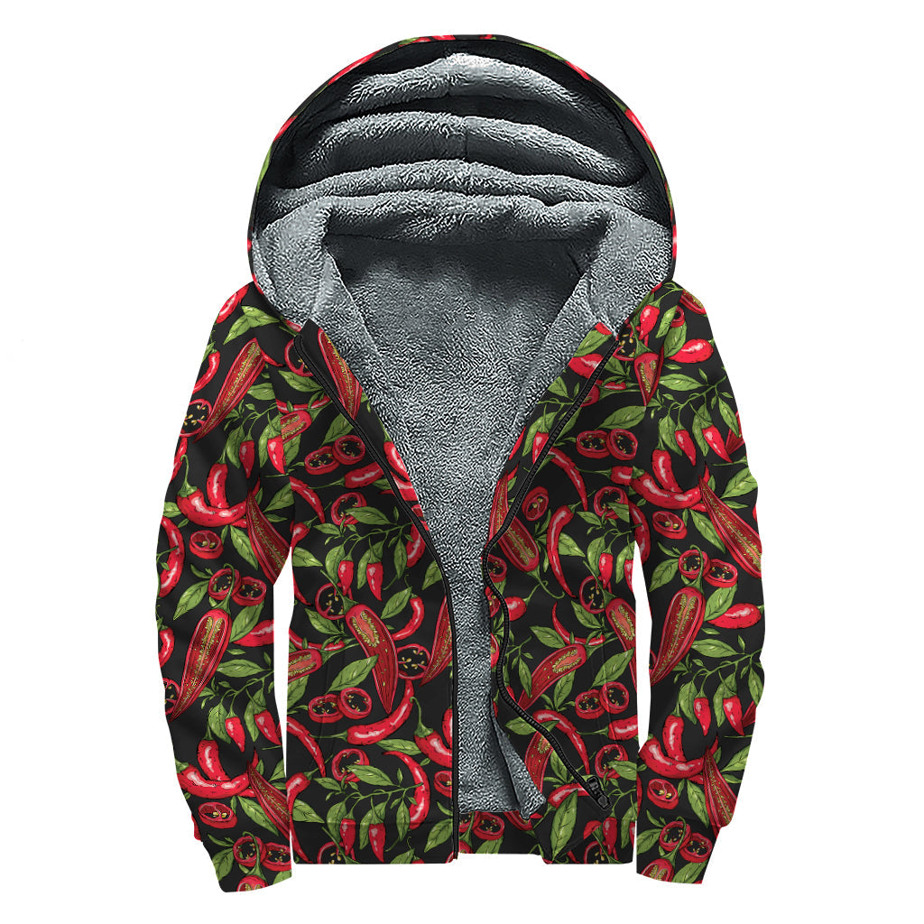 Hot Chili Peppers Pattern Print Sherpa Lined Zip Up Hoodie for Groovy Hippies - 1