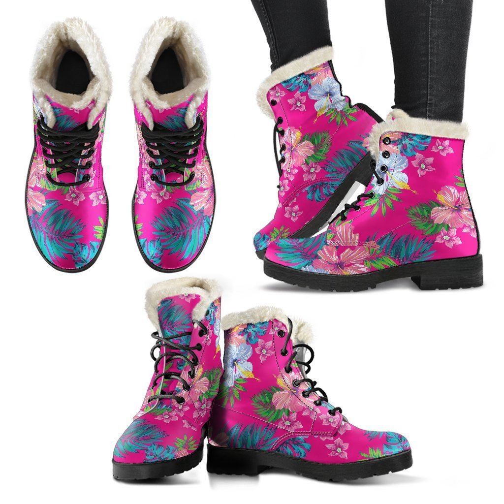 Far Out Faux Fur Leather Boots: Hot Pink Aloha Hibiscus Pattern - 2