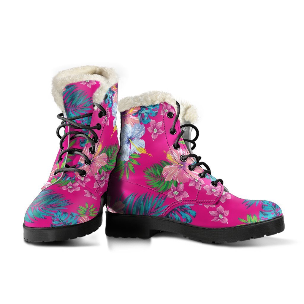 Far Out Faux Fur Leather Boots: Hot Pink Aloha Hibiscus Pattern - 3