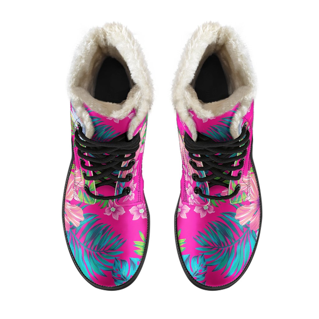 Far Out Faux Fur Leather Boots: Hot Pink Aloha Hibiscus Pattern - 4