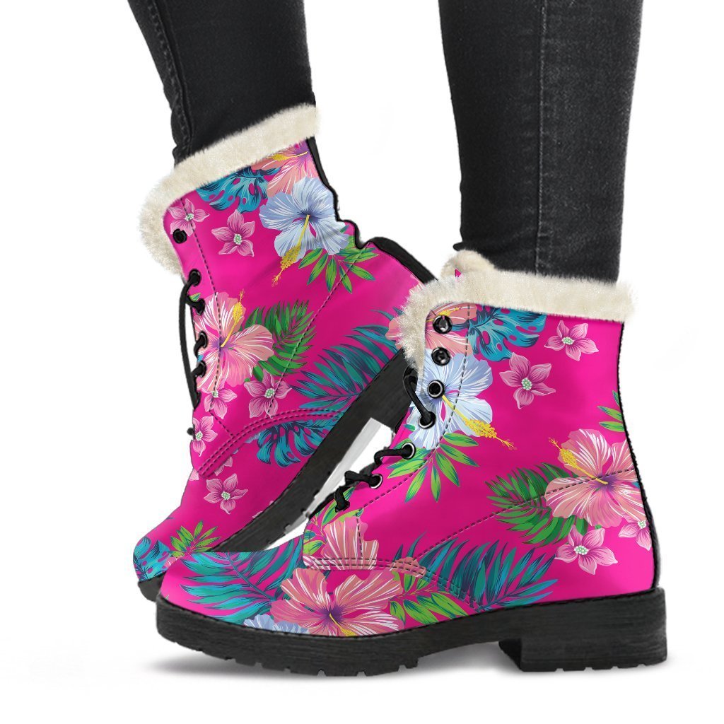 Far Out Faux Fur Leather Boots: Hot Pink Aloha Hibiscus Pattern - 1