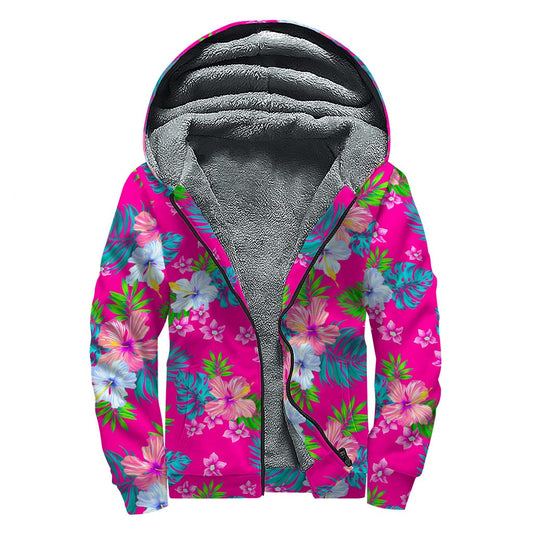 Hot Pink Aloha Hibiscus Sherpa-Lined Hoodie for the Free-Spirited Hippie - 1