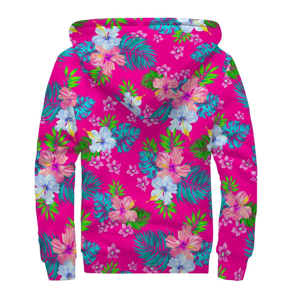 Hot Pink Aloha Hibiscus Sherpa-Lined Hoodie for the Free-Spirited Hippie - 2