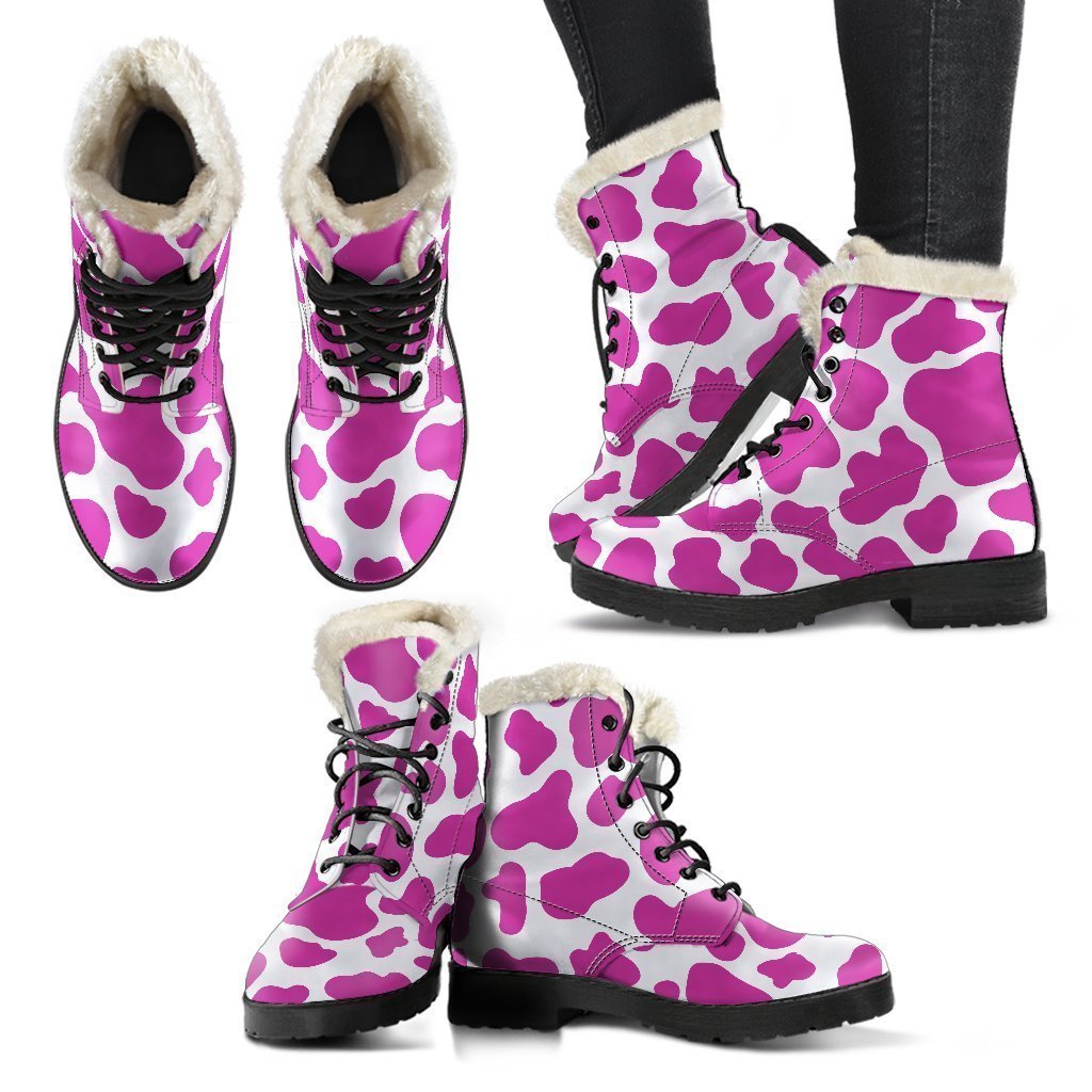 Groovy Vibes: Hot Pink and White Cow Print Faux Fur Leather Boots for Trendy Hippies - 2