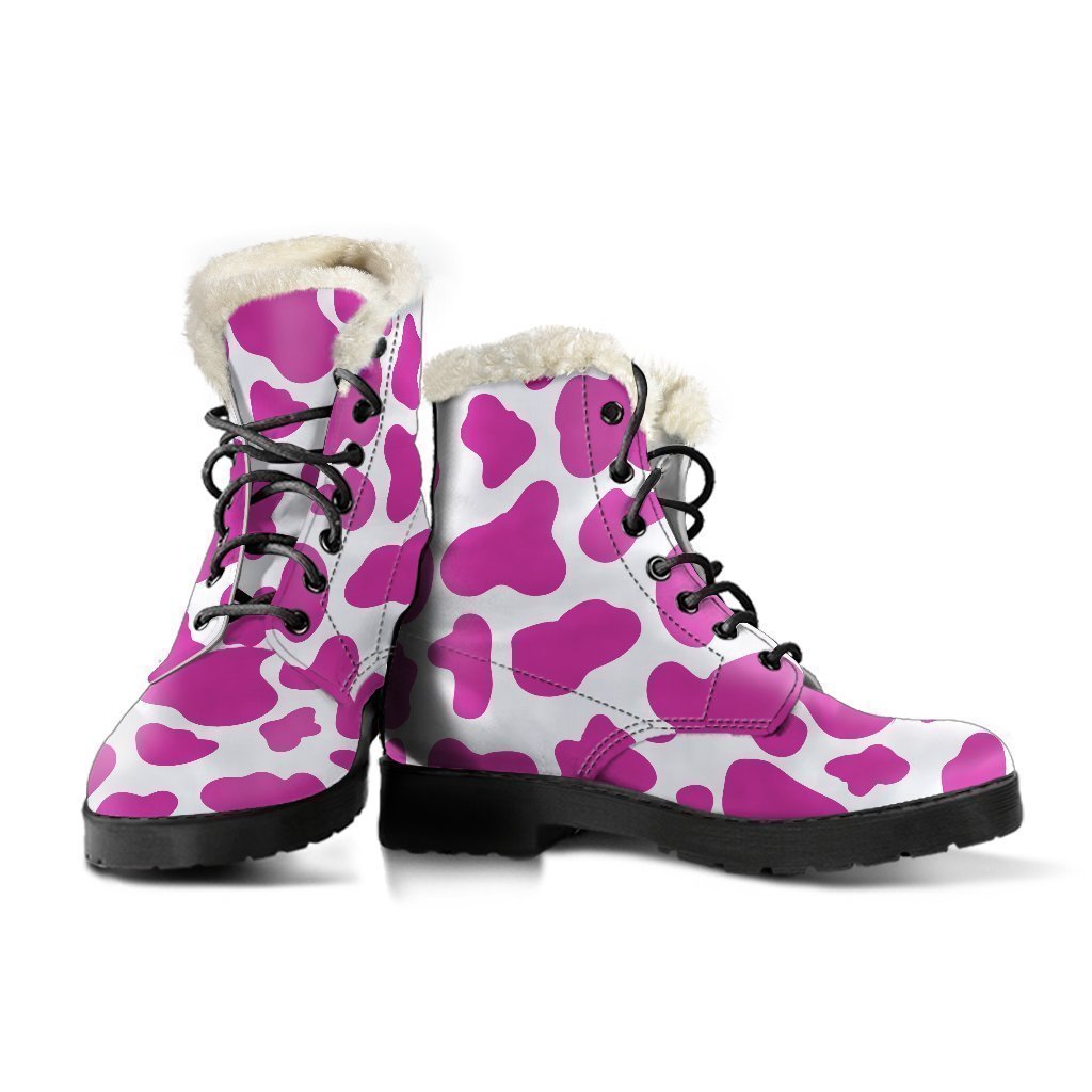 Groovy Vibes: Hot Pink and White Cow Print Faux Fur Leather Boots for Trendy Hippies - 3