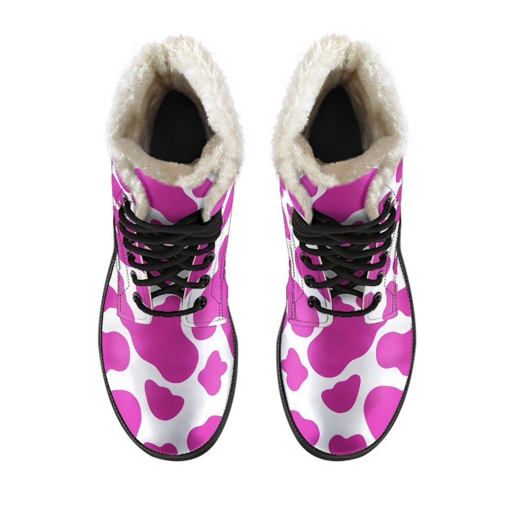 Groovy Vibes: Hot Pink and White Cow Print Faux Fur Leather Boots for Trendy Hippies - 4