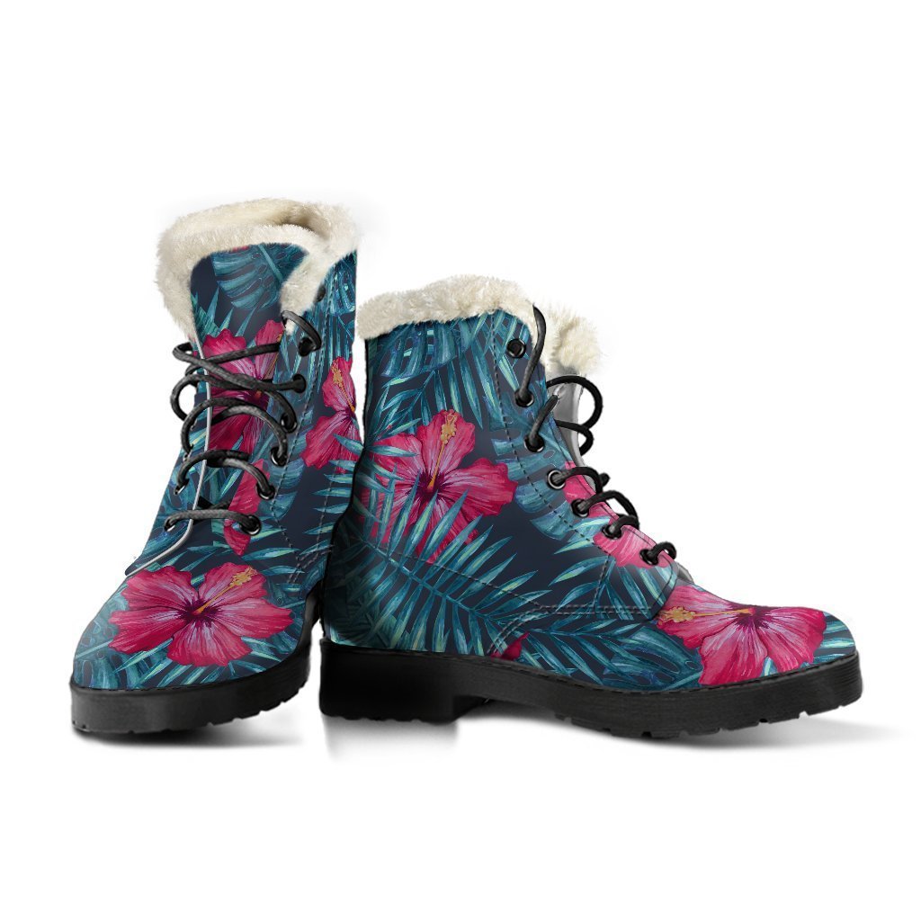 Groovy Vibes: Hot Pink Hibiscus Faux Fur Leather Boots for Stylish Hippies - 3