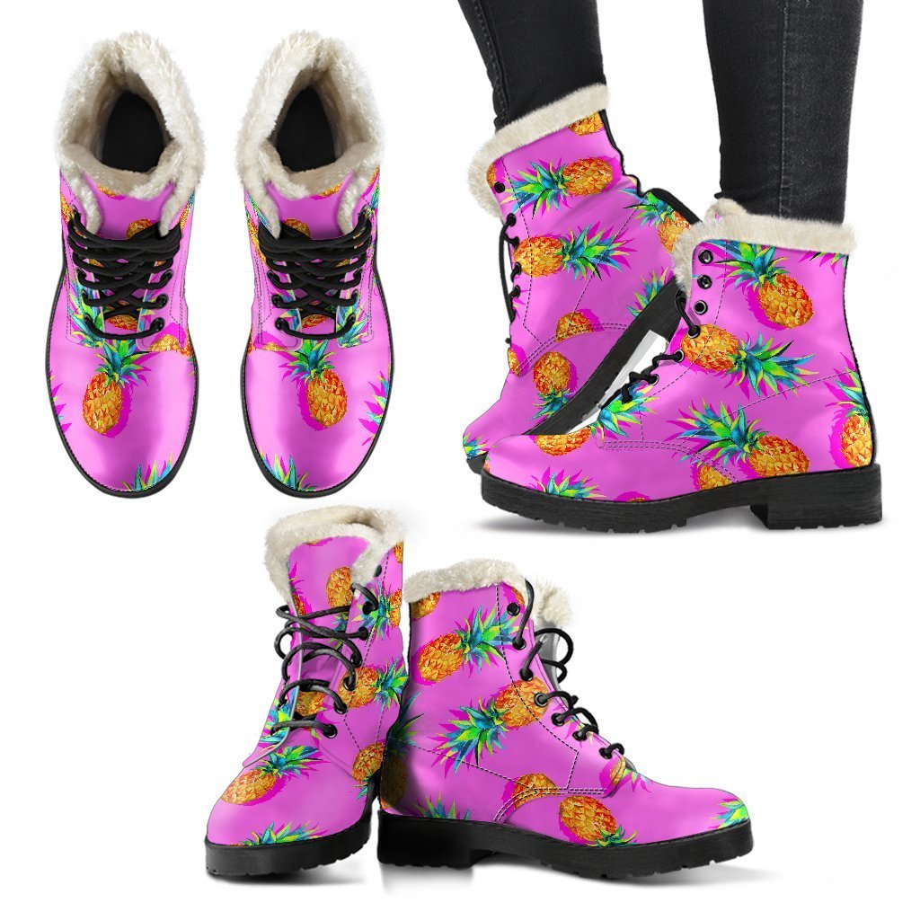 Hot Pink Pineapple Faux Fur Leather Boots for Groovy Hippies - 2