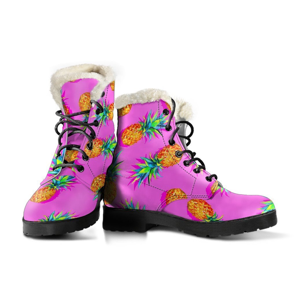 Hot Pink Pineapple Faux Fur Leather Boots for Groovy Hippies - 3