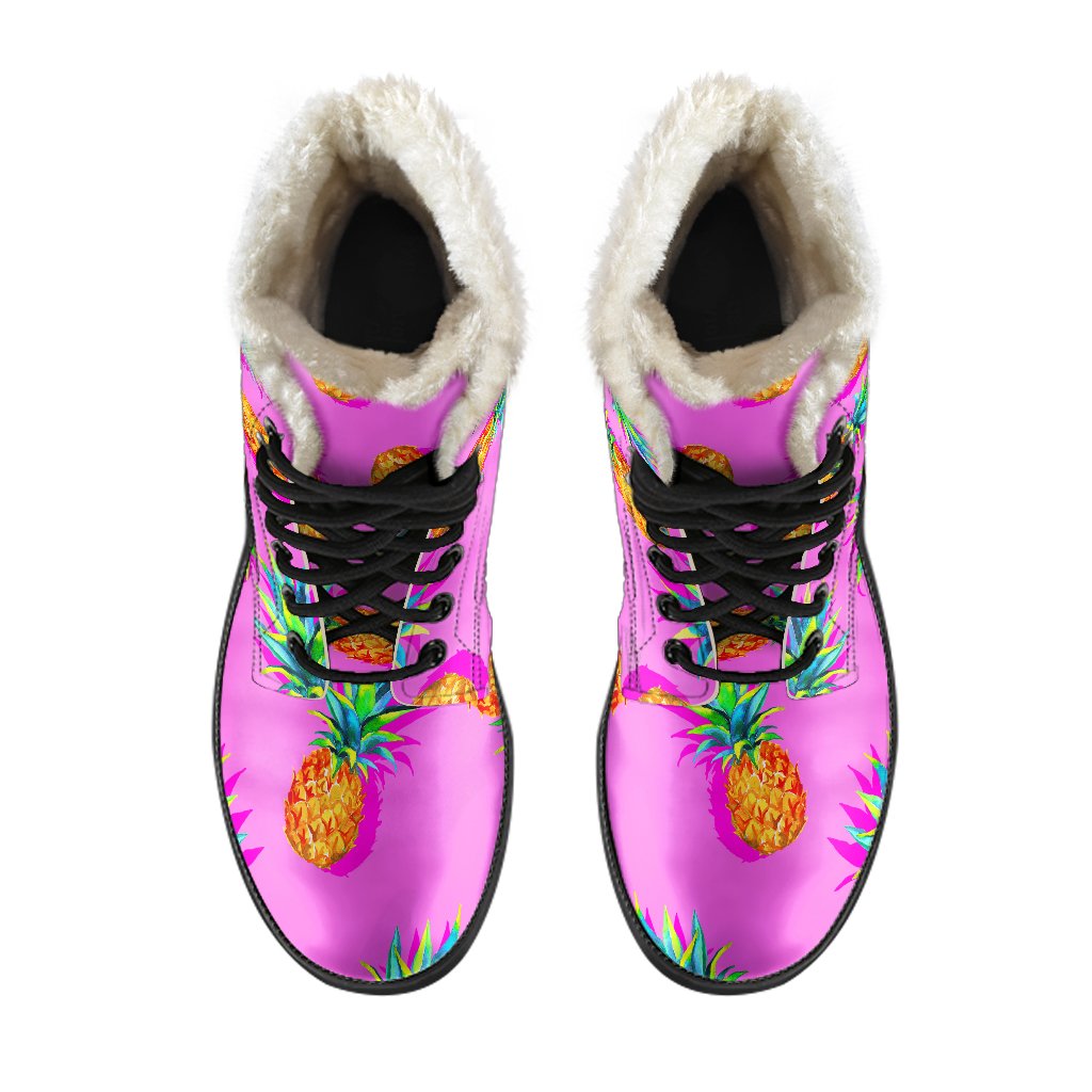 Hot Pink Pineapple Faux Fur Leather Boots for Groovy Hippies - 4