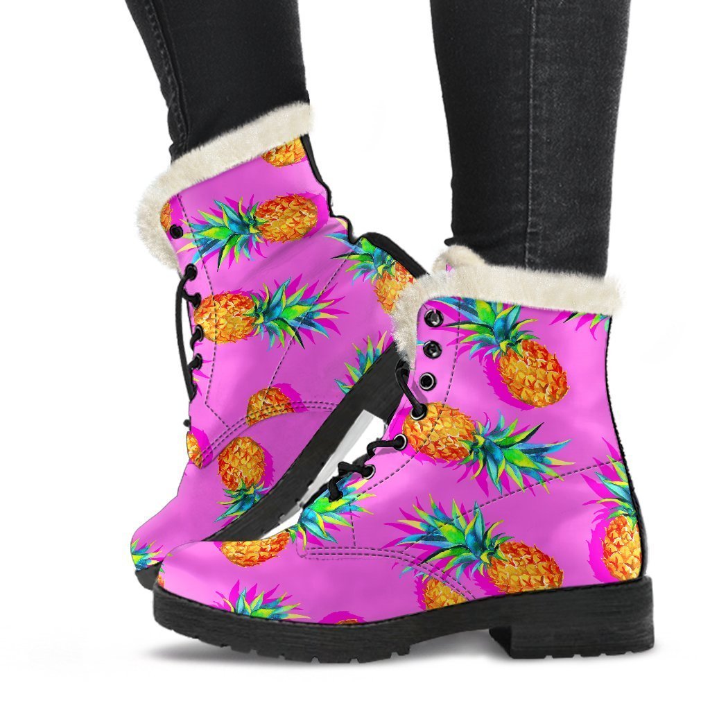 Hot Pink Pineapple Faux Fur Leather Boots for Groovy Hippies - 1