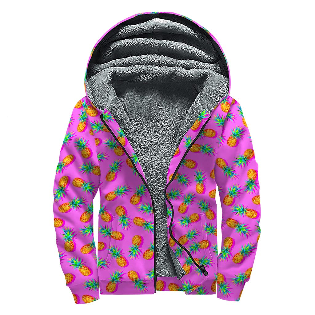 Hot Pink Pineapple Pattern Print Sherpa Lined Zip Up Hoodie for Groovy Hippies - 1