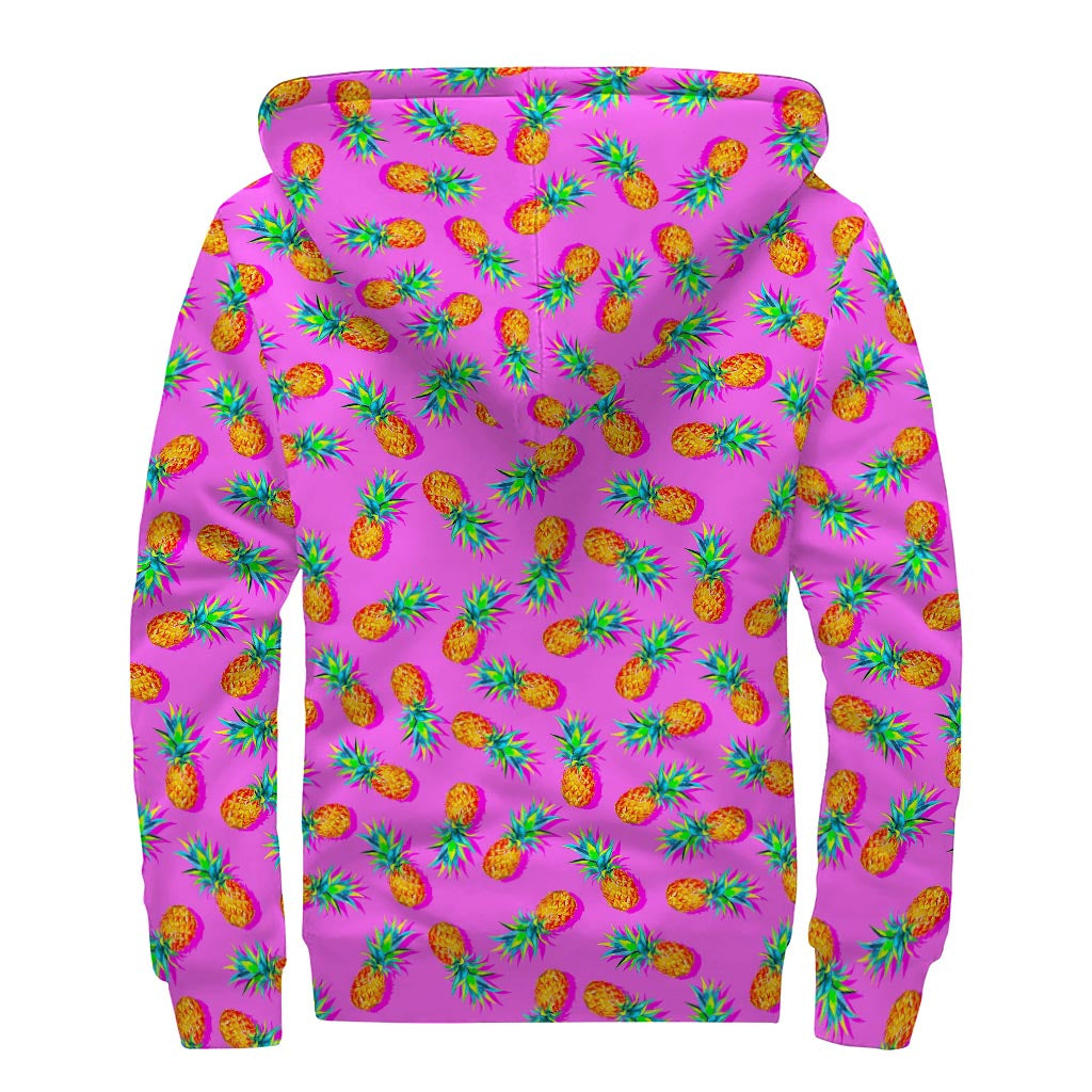 Hot Pink Pineapple Pattern Print Sherpa Lined Zip Up Hoodie for Groovy Hippies - 2