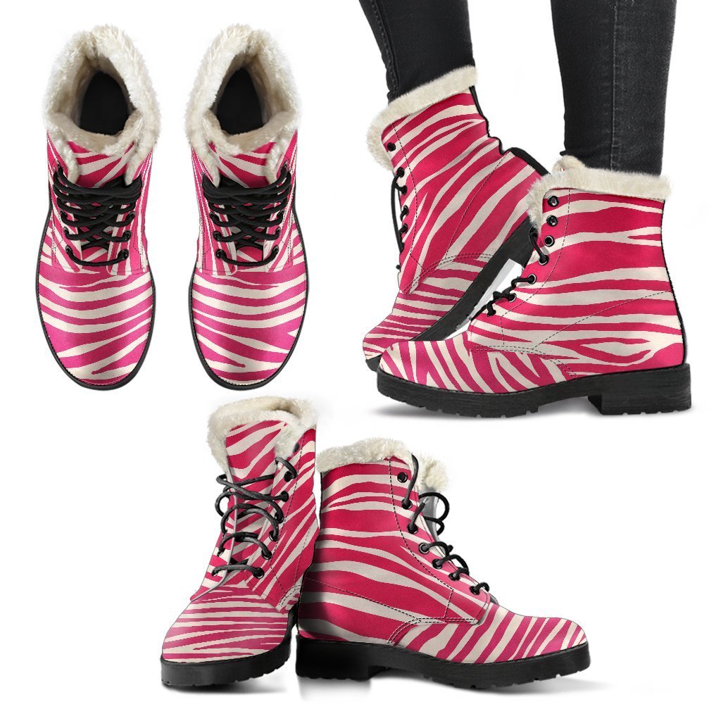 Hot Pink Zebra Pattern Faux Fur Leather Boots: Step Out in Hippie Style! - 2