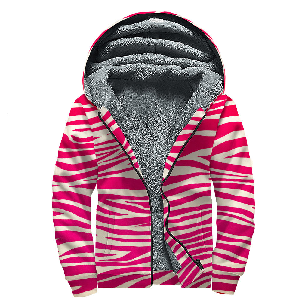 Groovy Pink Zebra Pattern Sherpa Lined Zip Up Hoodie for the Free-Spirited Hippie - 1