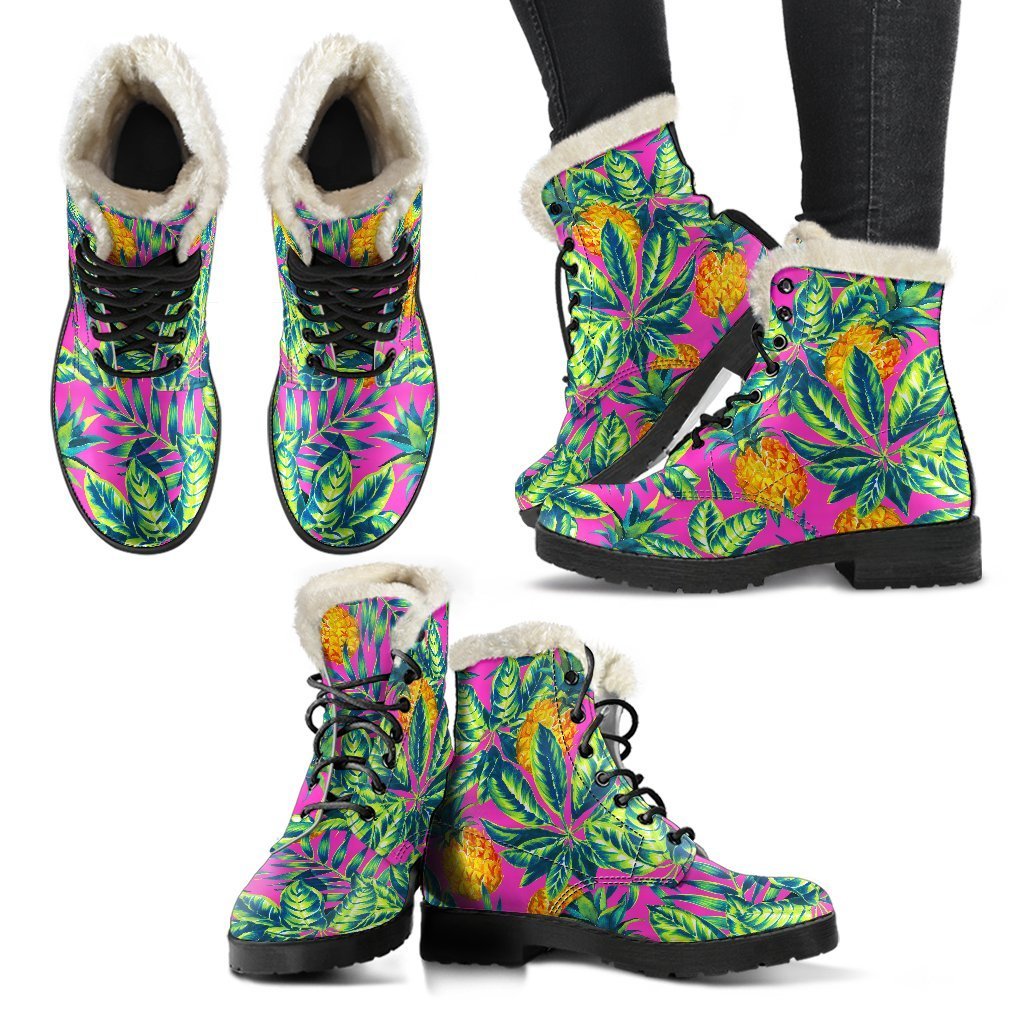 Purple Pineapple Paradise: A Hippie's Dream Faux Fur Leather Boots - 2