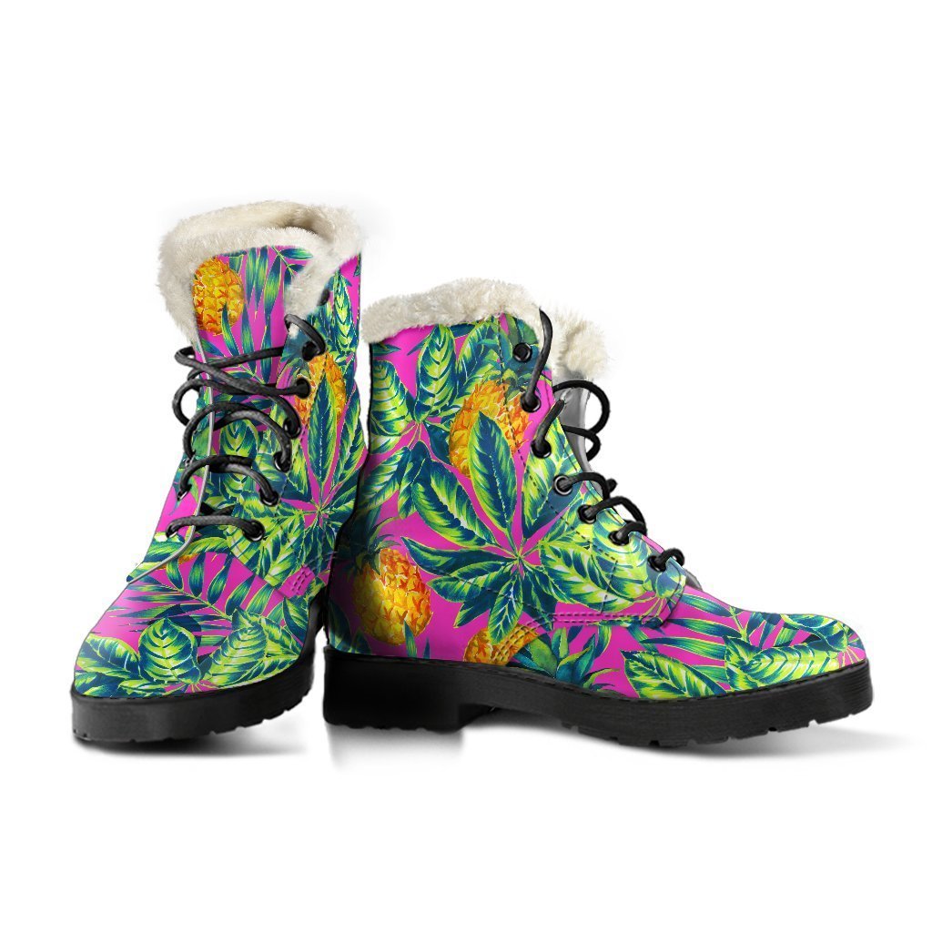 Purple Pineapple Paradise: A Hippie's Dream Faux Fur Leather Boots - 3