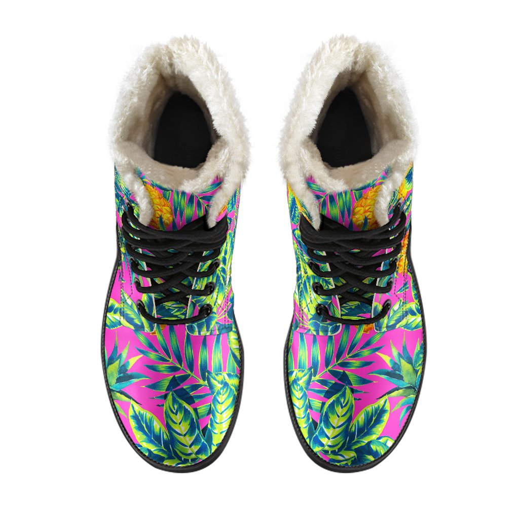 Purple Pineapple Paradise: A Hippie's Dream Faux Fur Leather Boots - 4