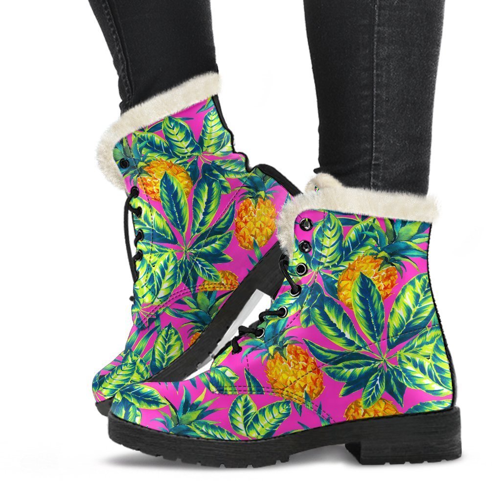 Purple Pineapple Paradise: A Hippie's Dream Faux Fur Leather Boots - 1