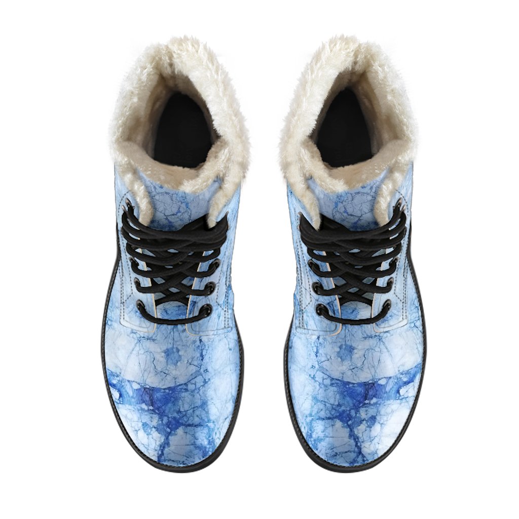 Groovy Vibes: Ice Blue Marble Print Faux Fur Leather Boots for Fashionable Hippies - 4