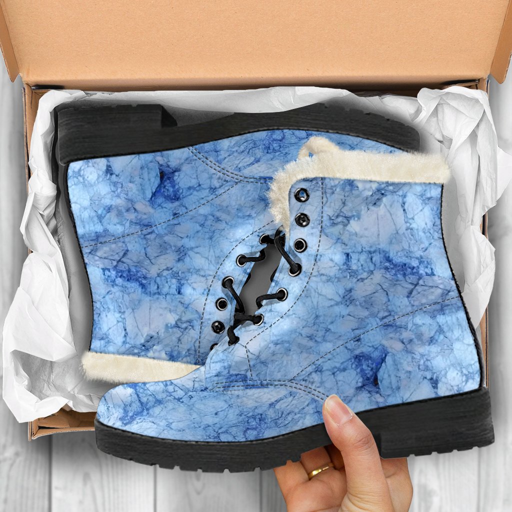 Groovy Vibes: Ice Blue Marble Print Faux Fur Leather Boots for Fashionable Hippies - 5