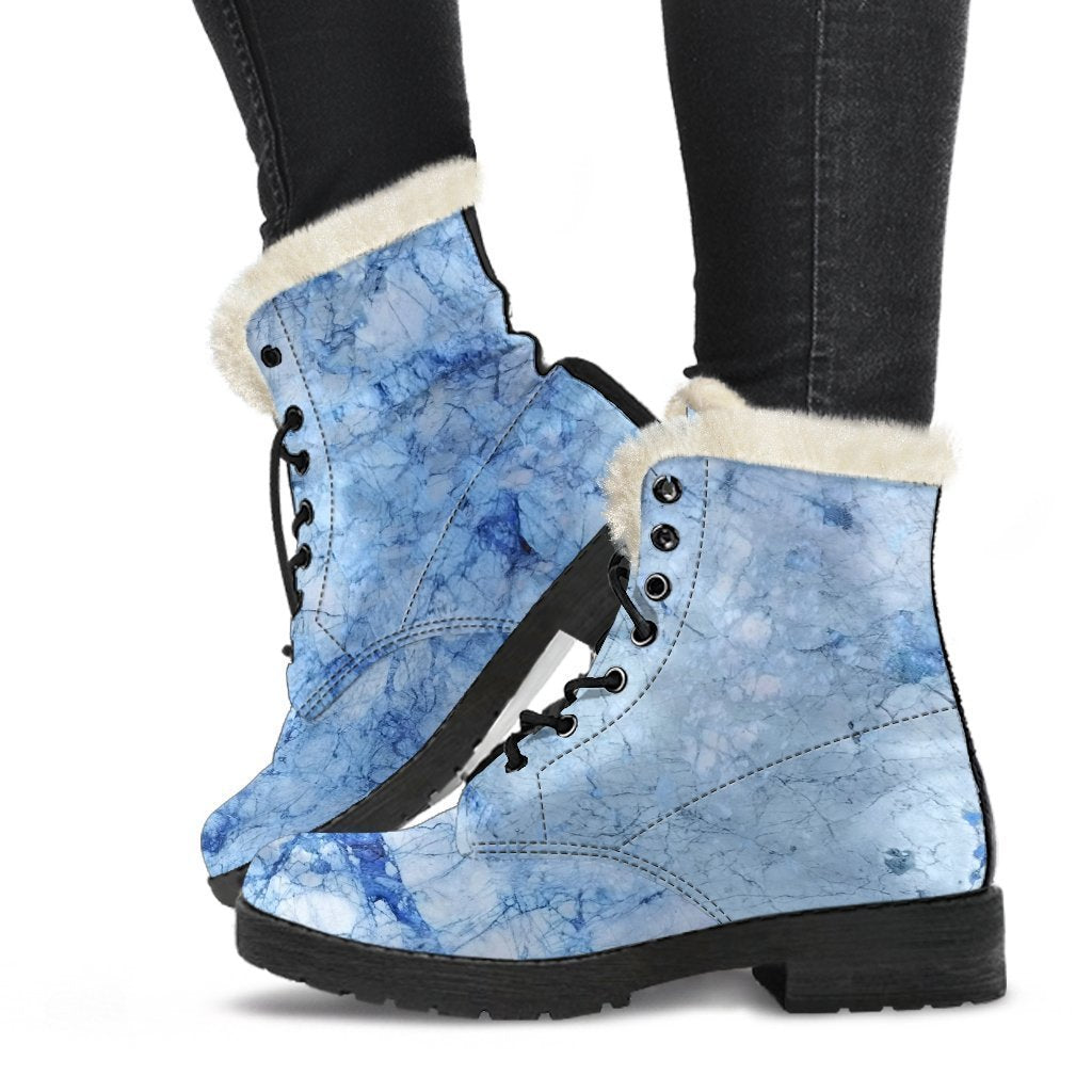 Groovy Vibes: Ice Blue Marble Print Faux Fur Leather Boots for Fashionable Hippies - 1