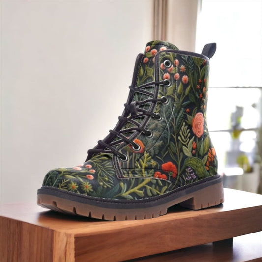 Emerald Blossoms - Dark Cottagecore Faux Embroidery Flowers Combat Boots For Hippies