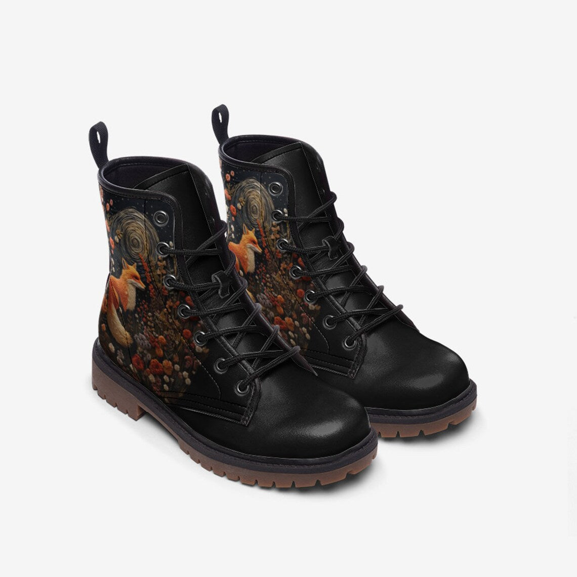 Emerald Blossoms - Faux-embroidery Fox & Moon Vegan Leather Combat Boots For Hippies