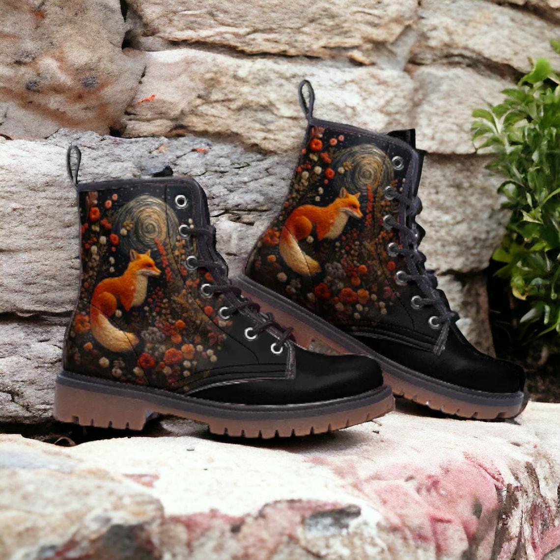 Emerald Blossoms - Faux-embroidery Fox & Moon Vegan Leather Combat Boots For Hippies