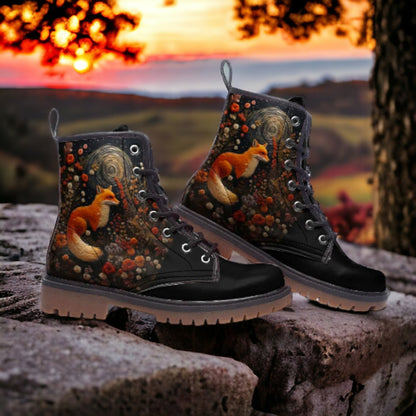 Emerald Blossoms - Faux-embroidery Fox & Moon Vegan Leather Combat Boots For Hippies