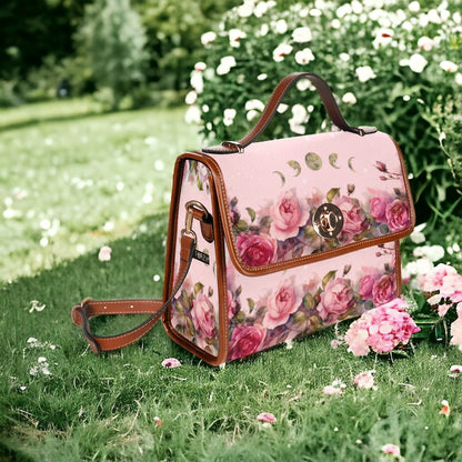 Emerald Blossoms - Cherry Pink Roses Moon Canvas Witchy Satchel Bag.