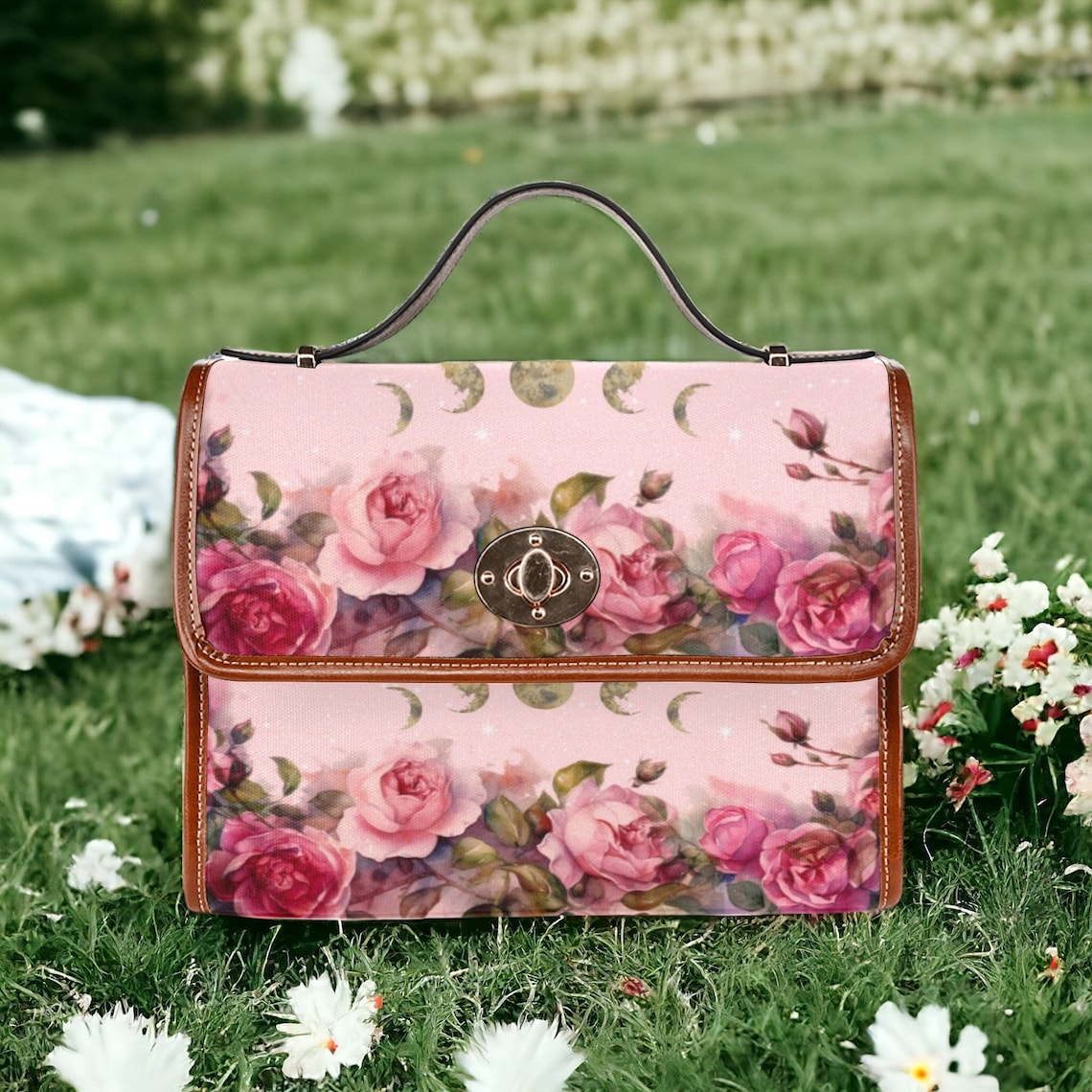 Emerald Blossoms - Cherry Pink Roses Moon Canvas Witchy Satchel Bag.