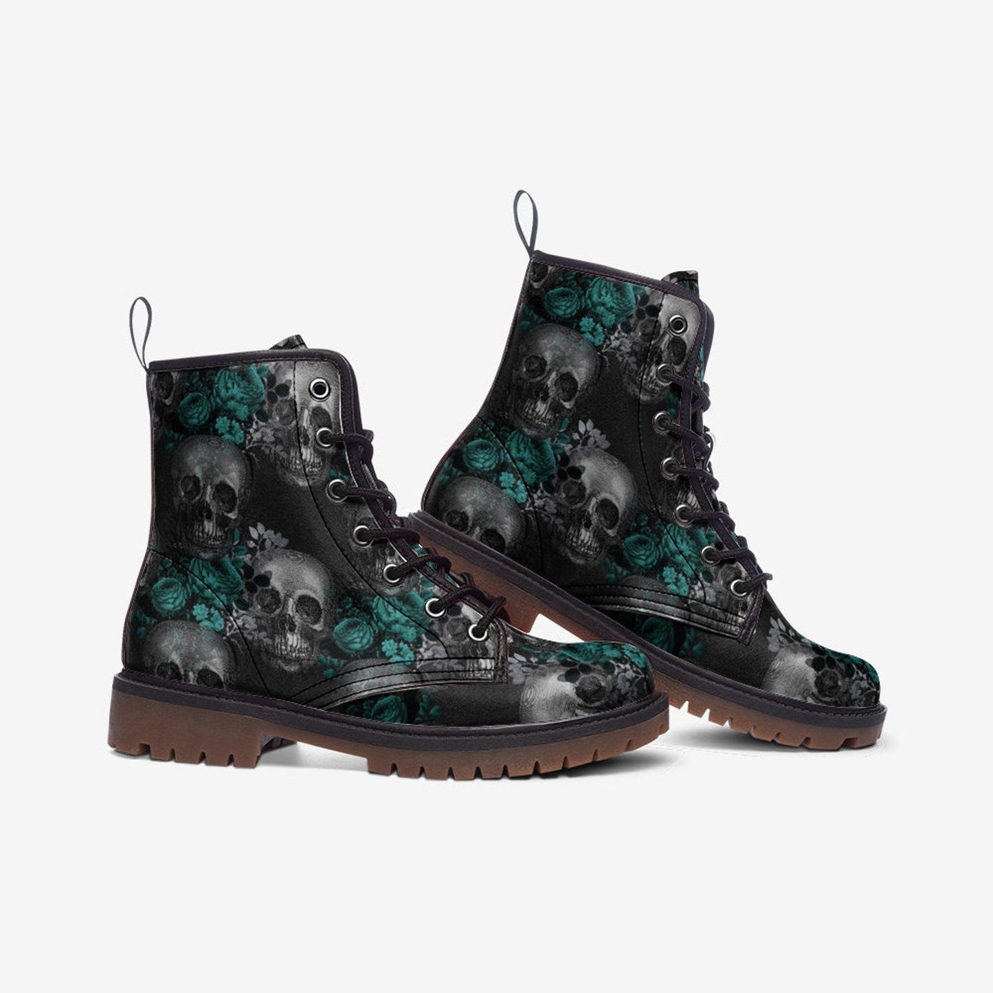 Emerald Blossoms - Gothic Roses & Skulls Vegan Leather Combat Boots For Hippies