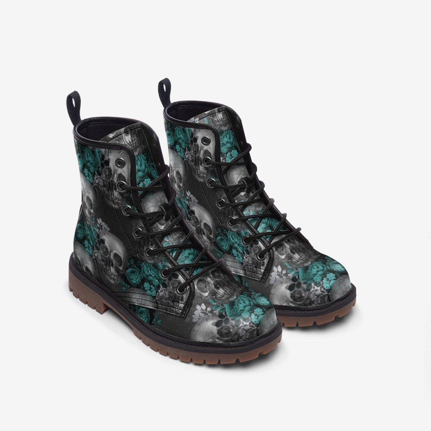 Emerald Blossoms - Gothic Roses & Skulls Vegan Leather Combat Boots For Hippies