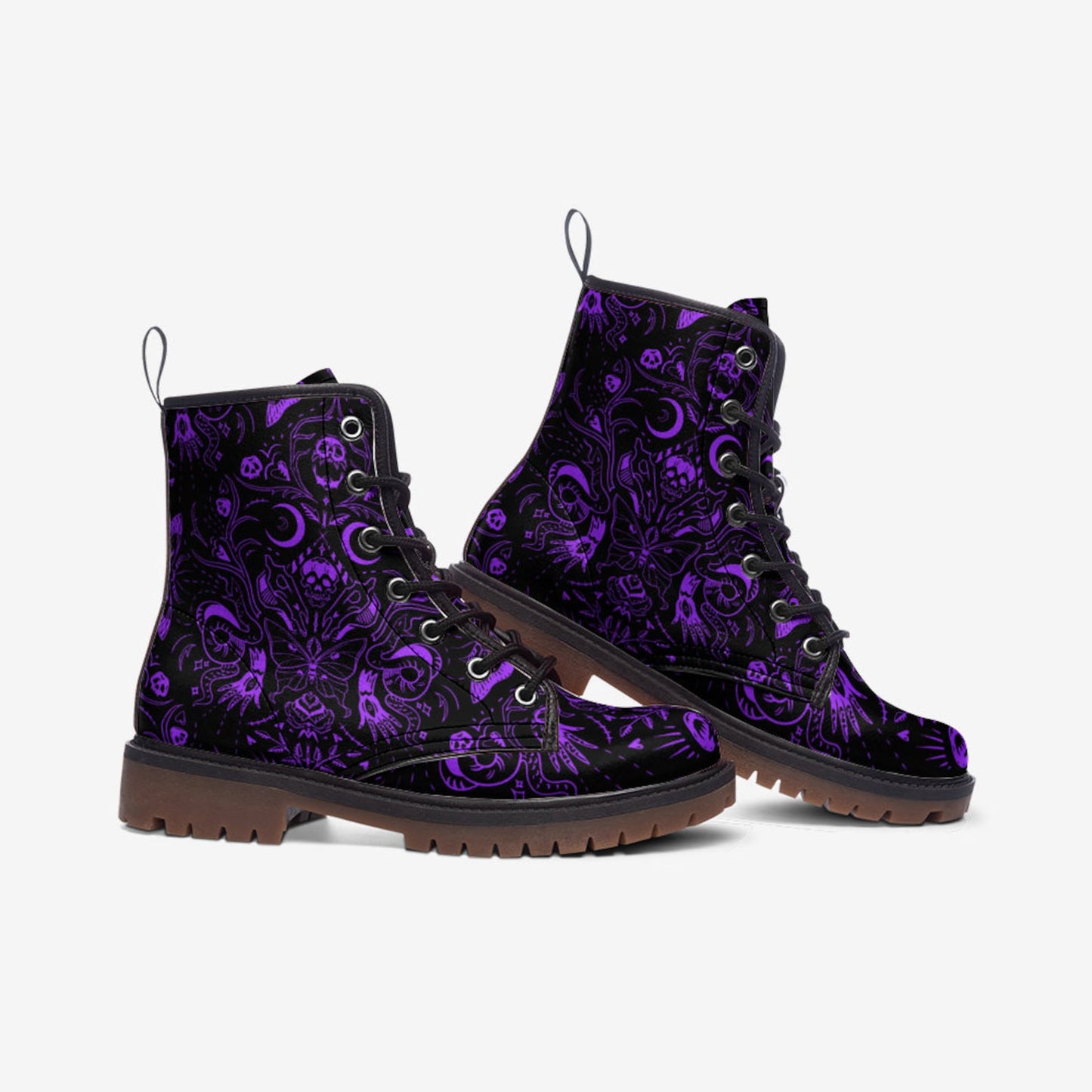 Emerald Blossoms - Purple Skulls Moths Faux Leather Combat Boots For Hippies