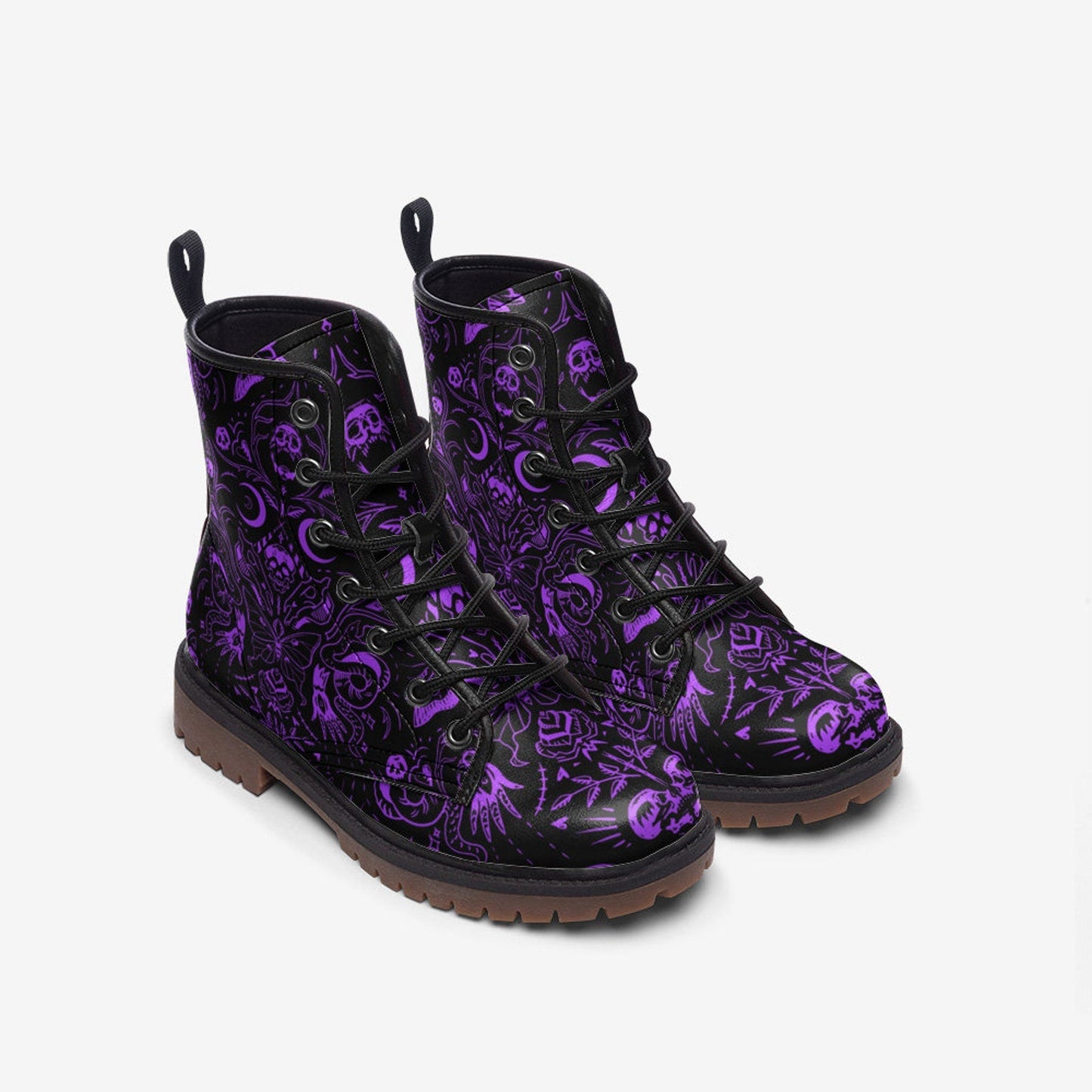 Emerald Blossoms - Purple Skulls Moths Faux Leather Combat Boots For Hippies