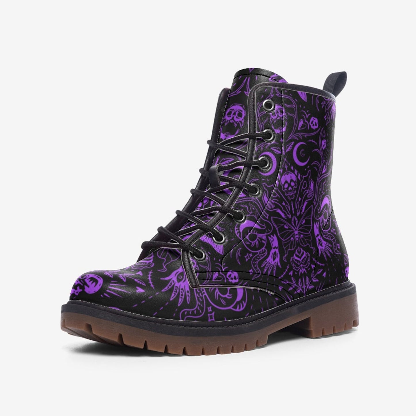 Emerald Blossoms - Purple Skulls Moths Faux Leather Combat Boots For Hippies