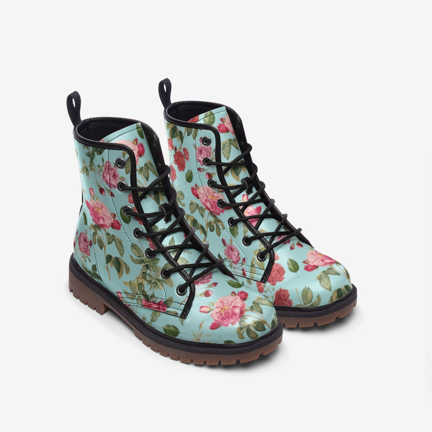 Emerald Blossoms Boots - Pink & Blue Floral Vegan Leather Combat Boots For  Hippies