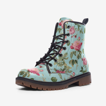 Emerald Blossoms Boots - Pink & Blue Floral Vegan Leather Combat Boots For  Hippies