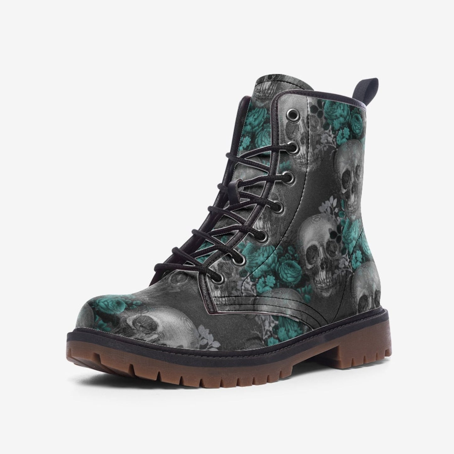 Emerald Blossoms - Gothic Roses & Skulls Vegan Leather Combat Boots For Hippies