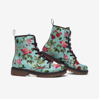 Emerald Blossoms Boots - Pink & Blue Floral Vegan Leather Combat Boots For  Hippies