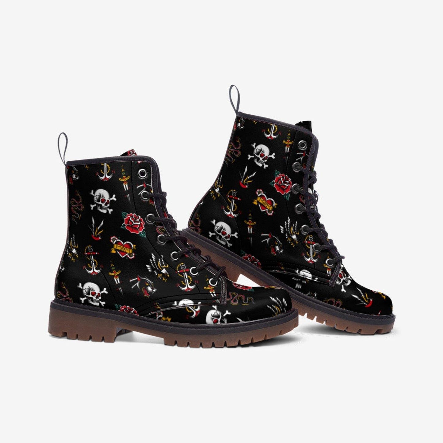 Emerald Blossoms - Vintage Tattoo Motif Vegan Combat Boots For Hippies