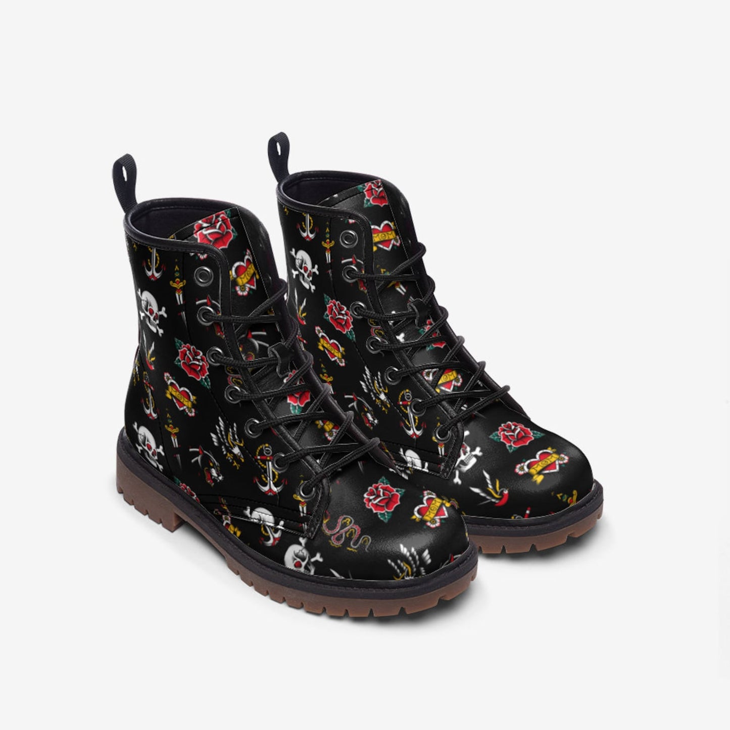 Emerald Blossoms - Vintage Tattoo Motif Vegan Combat Boots For Hippies