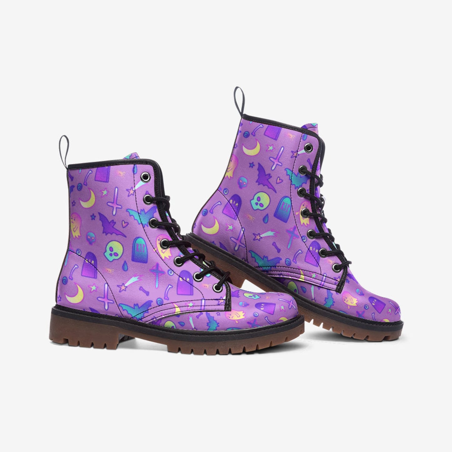 Emerald Blossoms - Violet Kawaii Witch Pastel Witchcore Vegan Leather Combat Boots For Hippies