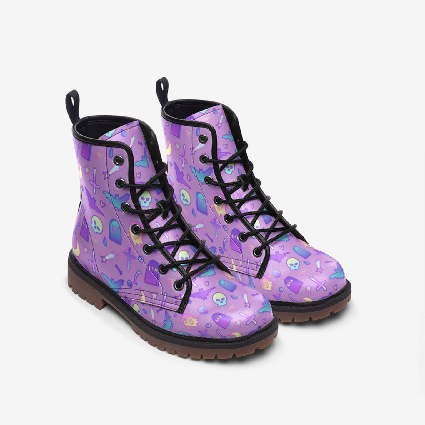 Emerald Blossoms - Violet Kawaii Witch Pastel Witchcore Vegan Leather Combat Boots For Hippies