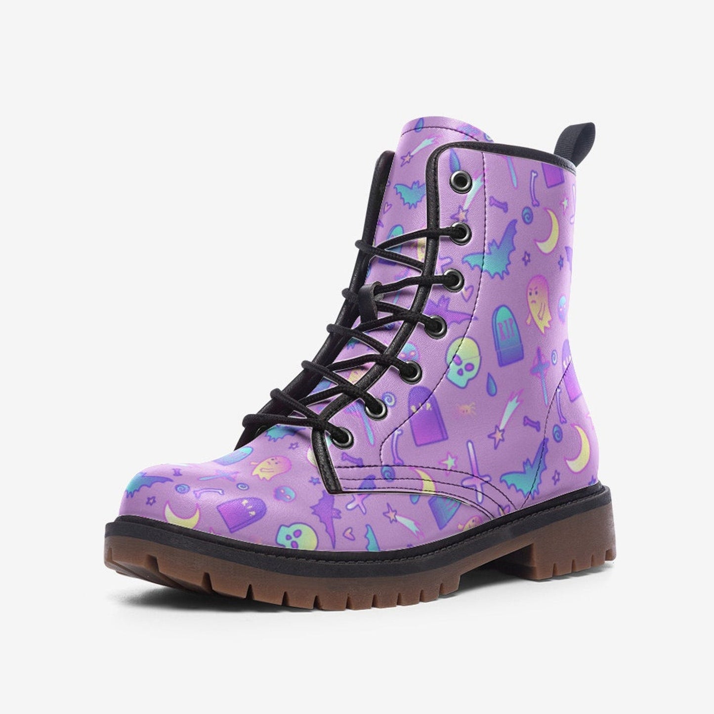 Emerald Blossoms - Violet Kawaii Witch Pastel Witchcore Vegan Leather Combat Boots For Hippies