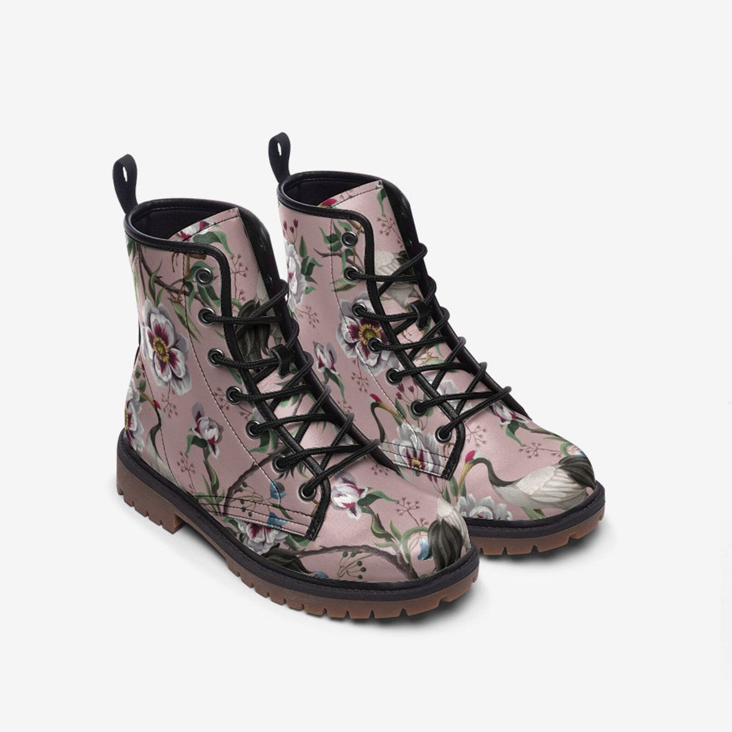 Emerald Blossoms - Pink & White Floral Vegan Combat Boots For Hippies