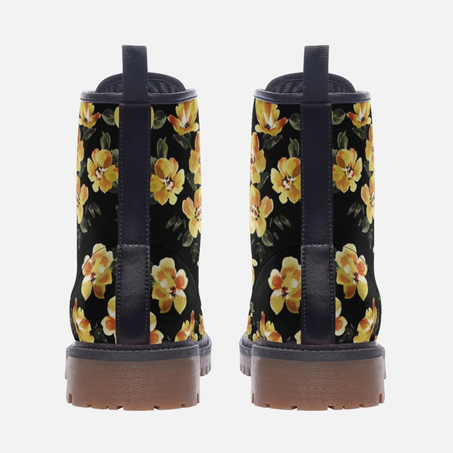 Emerald Blossoms - Black w Yellow Flowers Combat Boots.